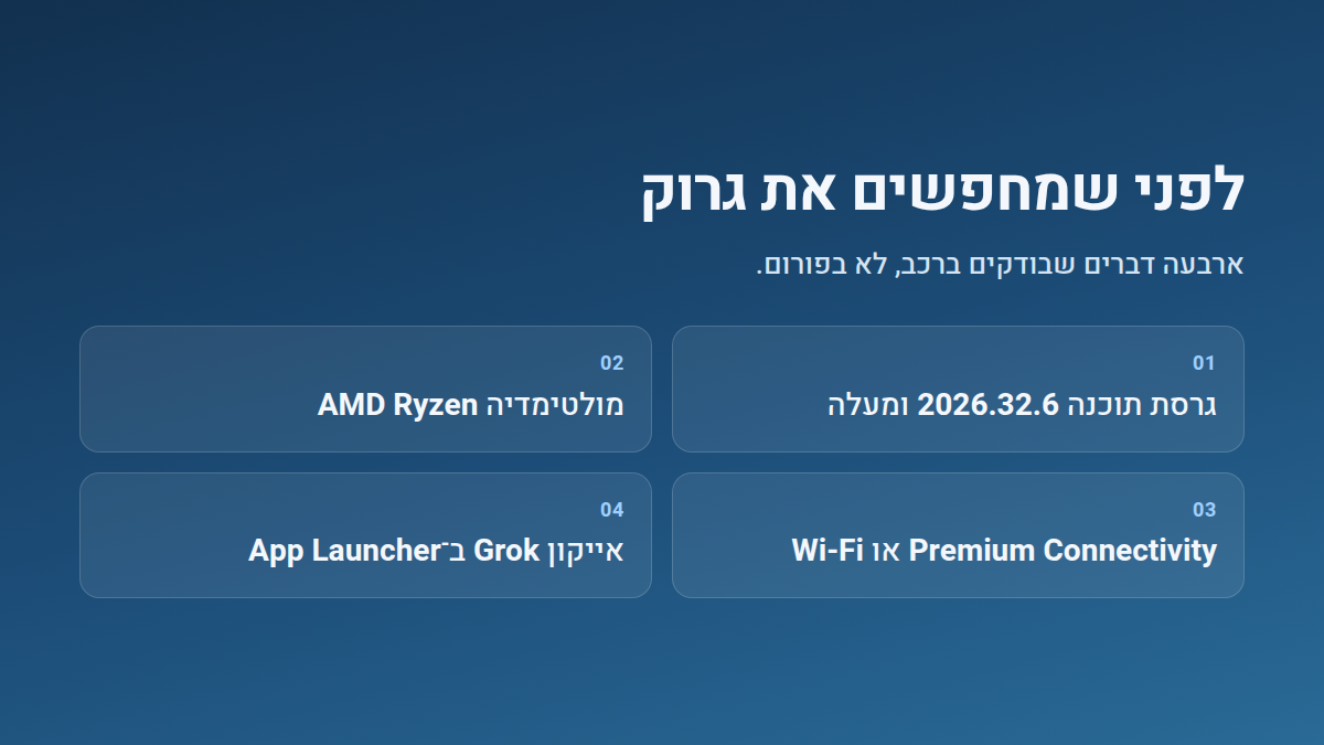 צ'ק-ליסט: גרסת תוכנה 2026.32.6, מעבד AMD Ryzen, Premium Connectivity או Wi-Fi, ואייקון Grok